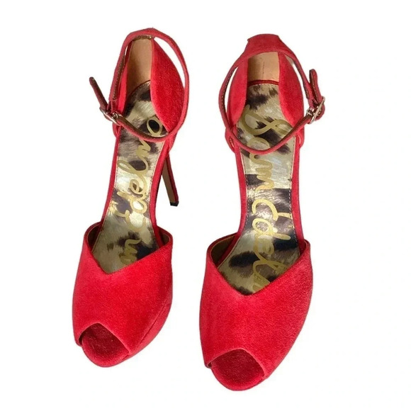 SAM EDELMAN | Marina Round Peep Toe Ankle Strap Red Platform Stilettos Size 9M - Picture 7 of 10